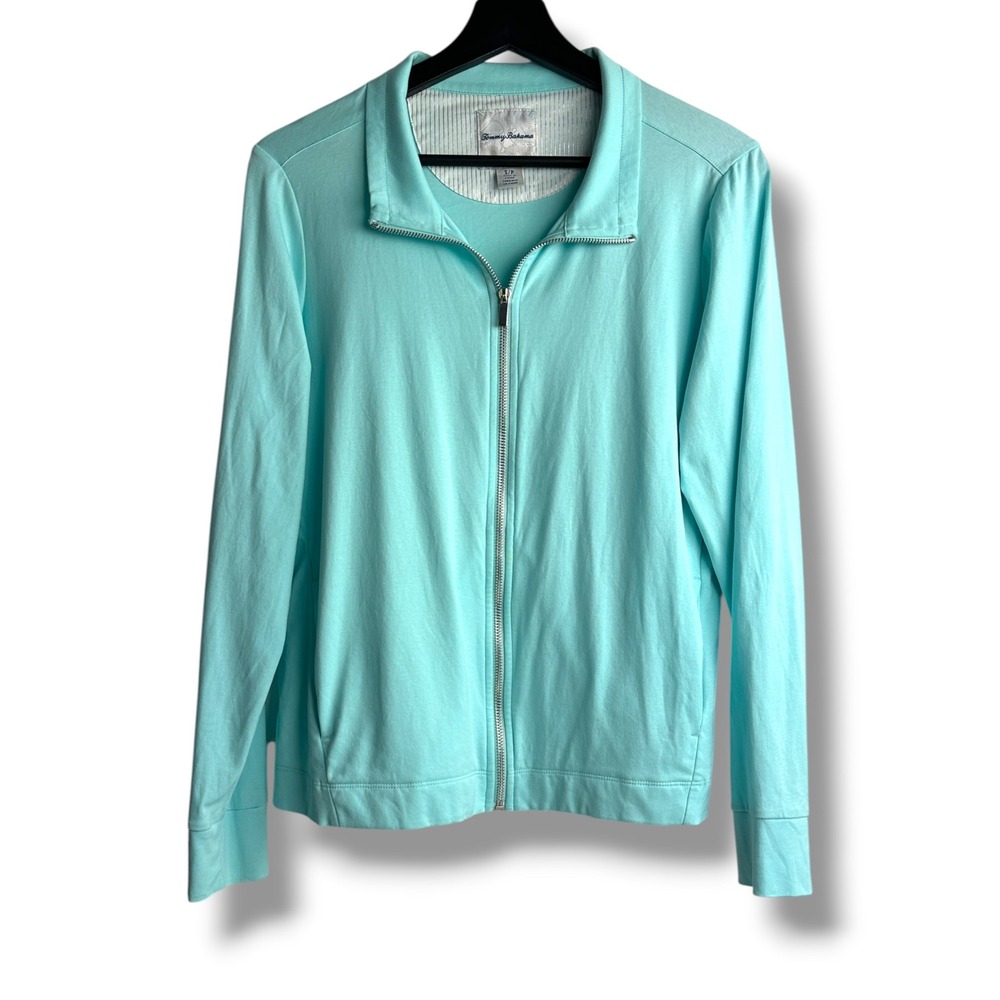 Tommy Bahama Full Zip Jacket Womens Small Aqua Blue Pima Cotton Pineapple Logo